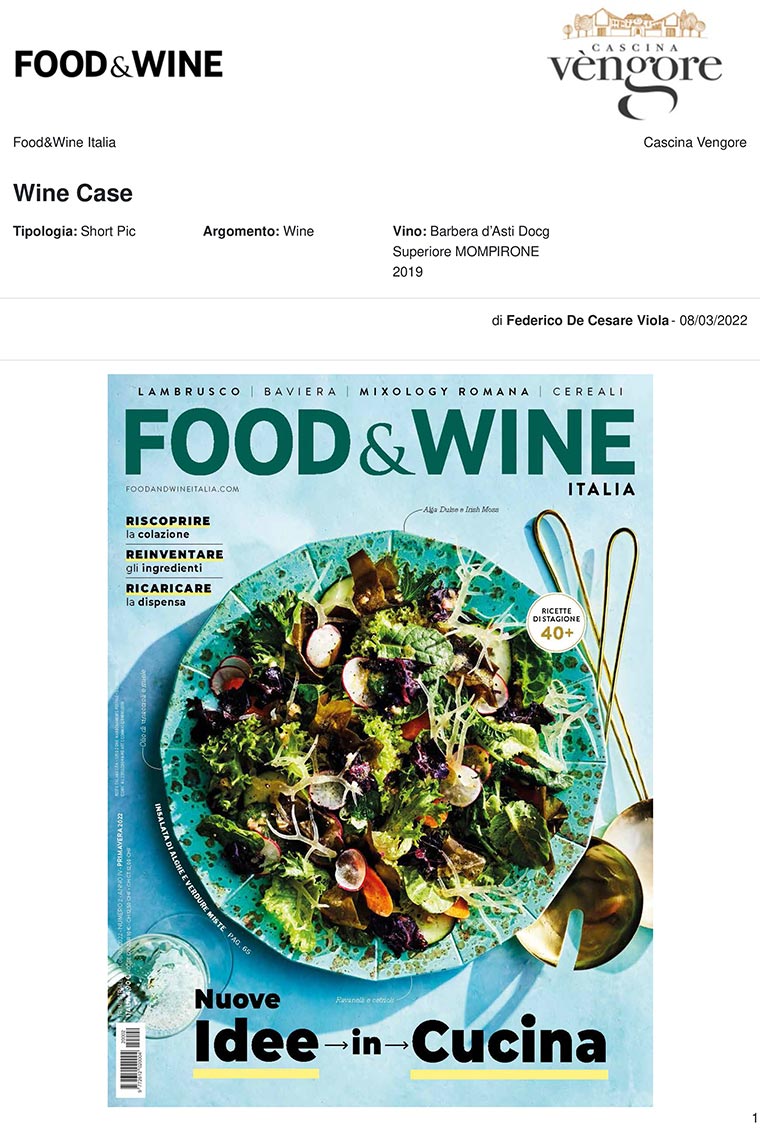 Food&Wine Italia - Barbera d’Asti Docg Superiore MOMPIRONE 2019